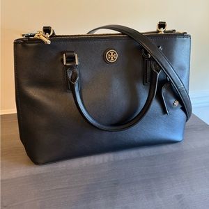 Tory Burch Robinson Black Leather Double Zippers Carryall Satchel Shoulder Bag